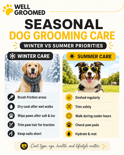 Seasonal dog grooming care infographic comparing winter coat care, paw protection, summer deshedding, and heat safety.