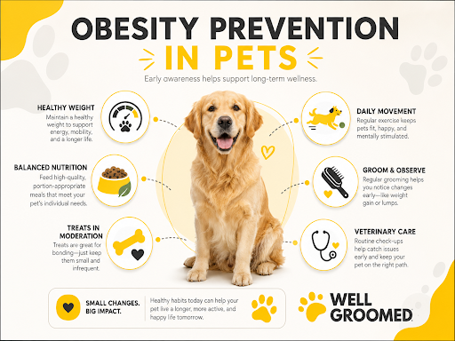 Obesity prevention in pets wellness graphic showing healthy weight, movement, nutrition, treats, and veterinary care.