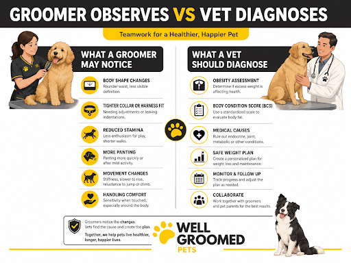 Groomer observes and veterinarian diagnoses comparison for dog weight gain, body condition score, and safe weight plans.