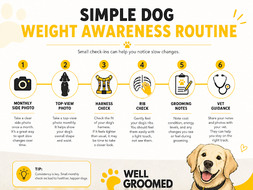 Simple dog weight awareness routine timeline with monthly photos, harness checks, rib checks, grooming notes, and vet guidance.