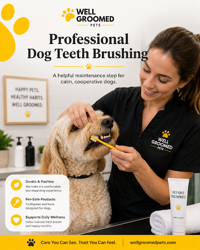 Groomer performing professional dog teeth brushing on a calm dog with pet-safe toothpaste during a grooming appointment.