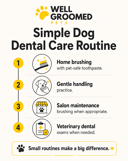 Simple dog dental care routine timeline with home brushing, salon maintenance, and veterinary dental exams.
