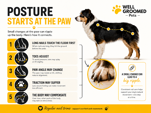 Dog nail trimming and joint health infographic showing how overgrown nails can affect paw placement, traction, posture, and movement.