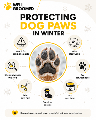 Protecting dog paws in winter infographic showing salt, ice, paw balm, booties, wiping paws, and trimming paw hair.