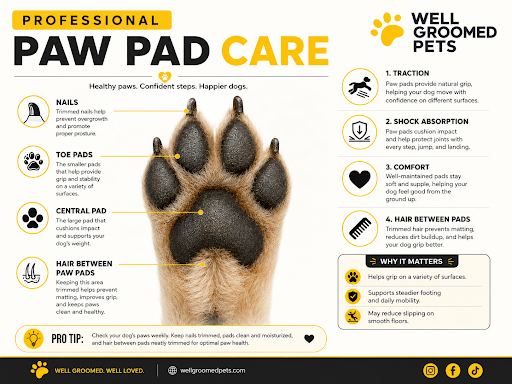 Dog paw pad care diagram showing nails, paw pads, traction, shock absorption, and hair between paw pads.