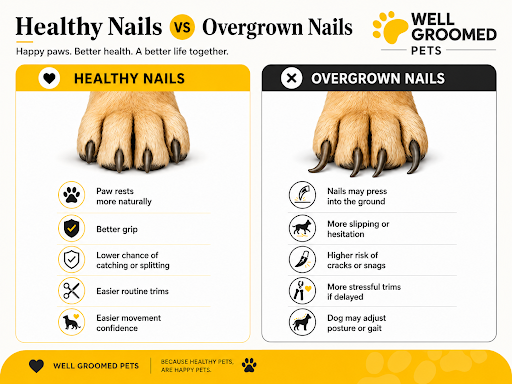 Healthy dog nails compared with overgrown nails showing paw comfort, traction, and safer movement.