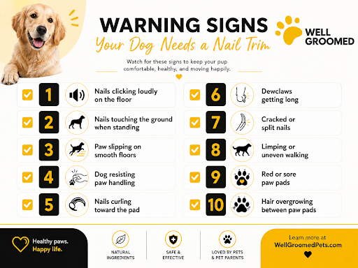 Dog nail trim warning signs checklist including clicking nails, slipping paws, curled dewclaws, cracked nails, and sore paw pads.