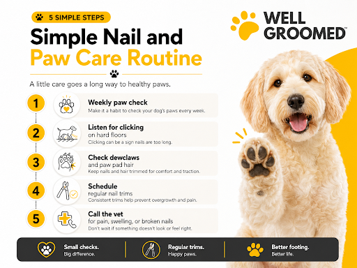 Simple dog nail and paw care routine timeline with weekly paw checks, regular nail trims, paw pad care, and vet follow up for pain.