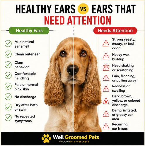 Healthy dog ears compared with warning signs like odor, redness, wax buildup, discharge, and head shaking.