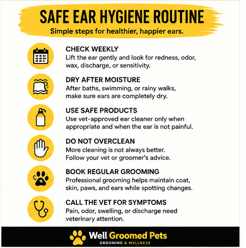 Safe dog ear hygiene routine with weekly checks, drying after moisture, vet approved cleaner, and vet care for symptoms.