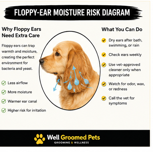 Floppy dog ear moisture risk diagram showing how trapped warmth and moisture can affect ear comfort and wellness.