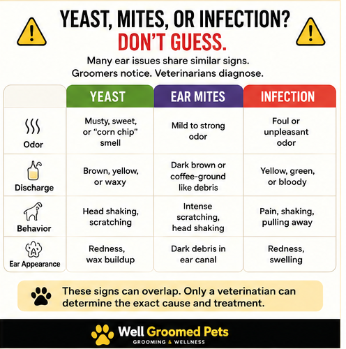 Dog ear warning signs comparison for yeast, ear mites, and infection, showing why a veterinarian should diagnose the cause.