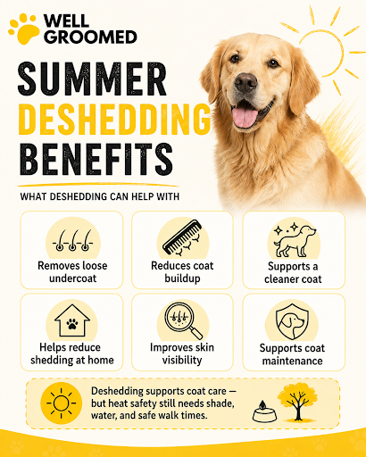 Summer deshedding benefits infographic showing loose undercoat removal, cleaner coat, reduced shedding, and better coat maintenance.
