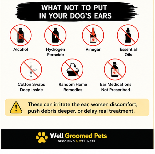 Safety guide showing products not to put in dog ears, including alcohol, hydrogen peroxide, vinegar, essential oils, and deep cotton swabs.