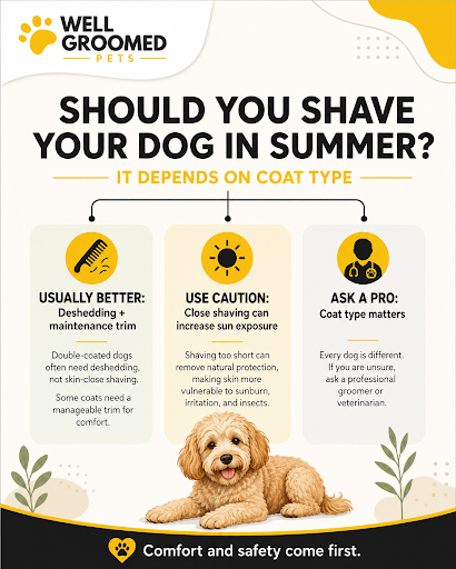 Dog summer shaving decision graphic explaining that shaving depends on coat type and should avoid skin-level cuts.