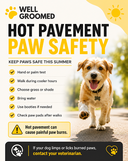 Hot pavement paw safety checklist showing hand pavement test, cooler walk times, shade, water, and paw checks.