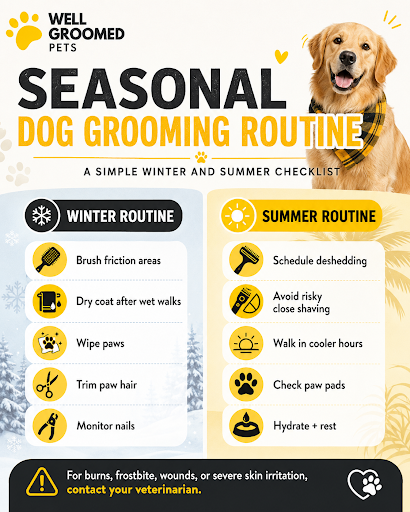 Seasonal dog grooming routine timeline for winter and summer coat care, paw checks, drying, deshedding, and vet follow-up.