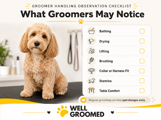 Professional dog grooming checklist showing how groomers may notice changes in body shape, stamina, collar fit, and handling comfort.