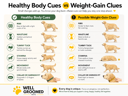Healthy dog body cues vs weight gain clues comparison showing ribs, waistline, tummy tuck, and movement changes.